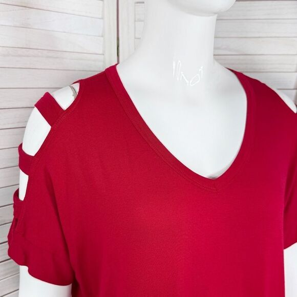 Bobeau Ladder Cutouts Short Sleeve T Shirt Red Small Cold Shoulder - Picture 5 of 12